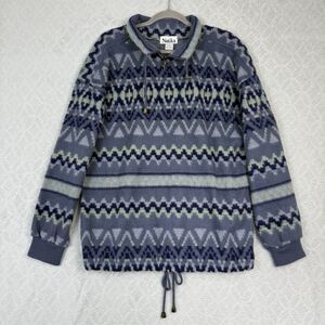 Vtg Aztec Pullover Jacket Womens Medium Blue Green Tribal Southwest Cozy Fuzzy